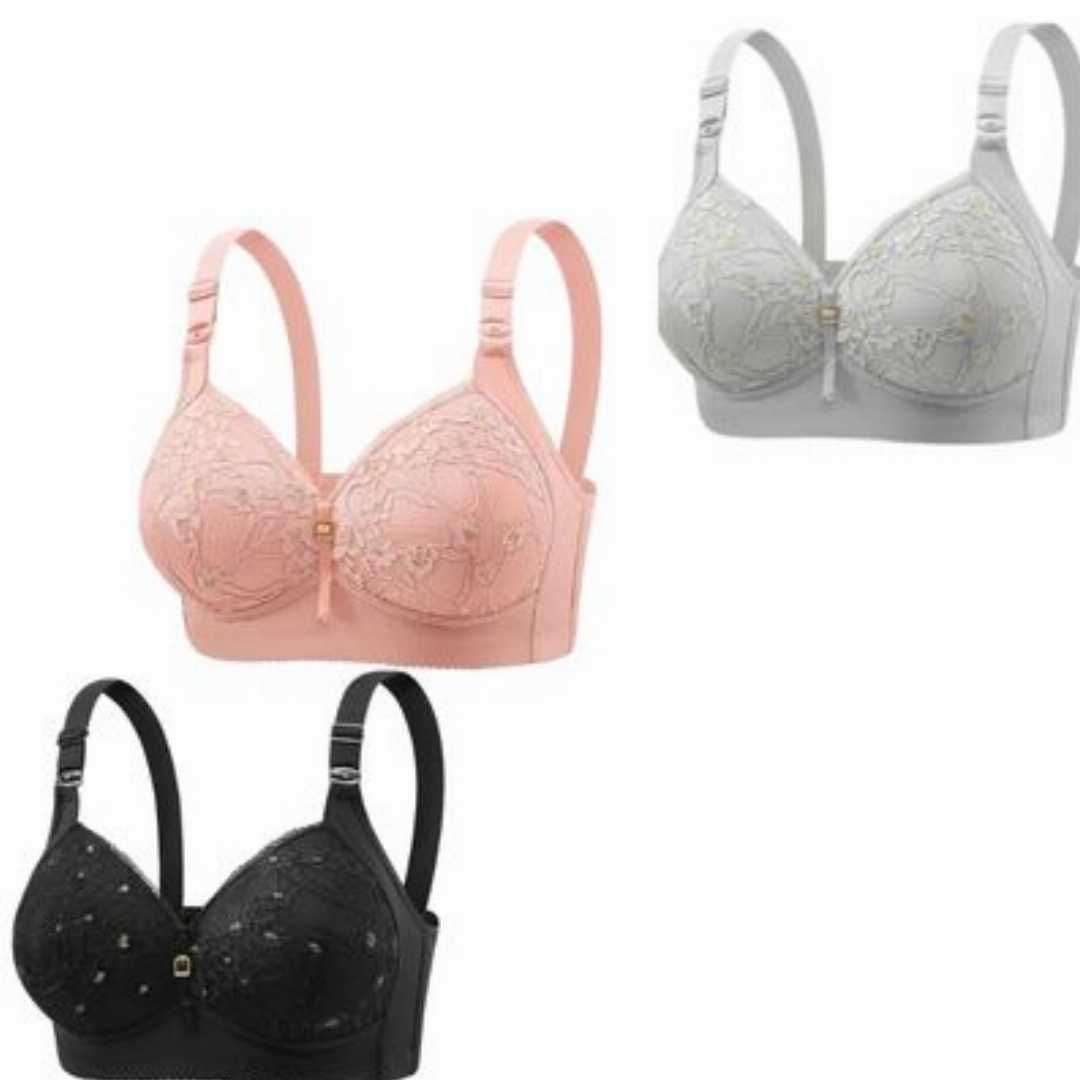 3 Pce China high quality embroidered lace Bra (Black+Rose Gold+Ash)